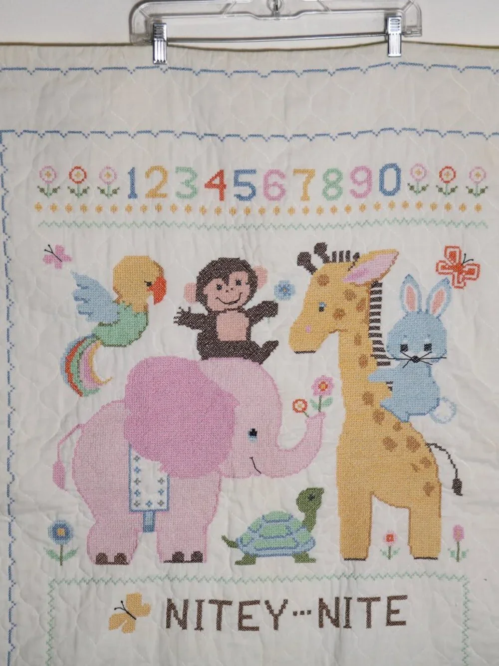 Nitey Nite Vintage Handmade Cross Stitch Baby ABC Numbers Quilt‎ Zoo Animals
